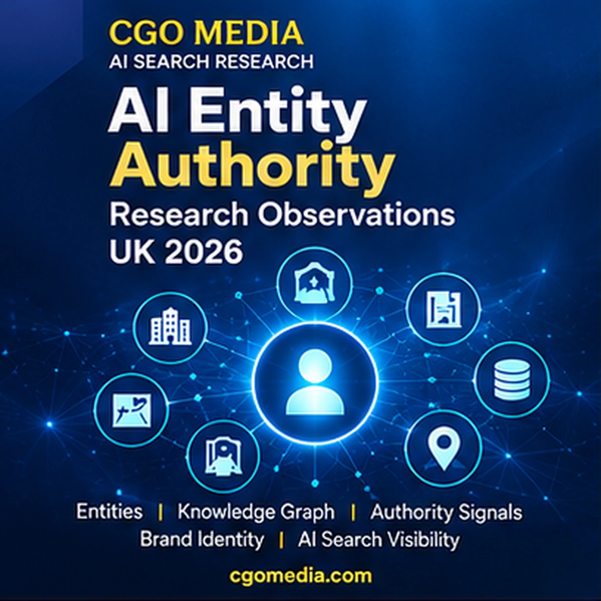 CGO Media AI Entity Authority Research Observations UK 2026 cover featuring a blue network of connected entity and authority icons.
