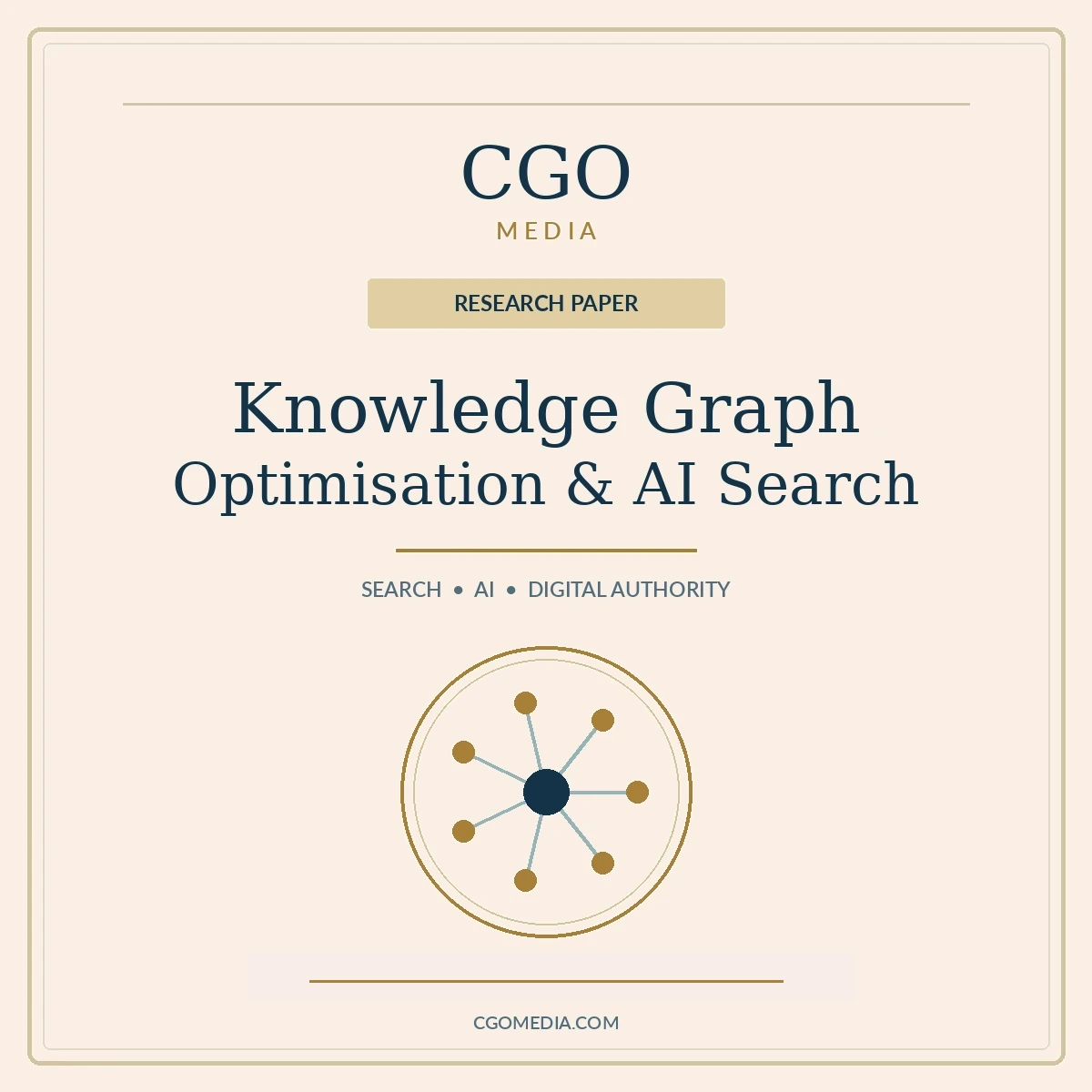 CGO Media research paper cover titled Knowledge Graph Optimisation and AI Search, with elegant typography, a gold research emblem and a distinctive light-coloured background.