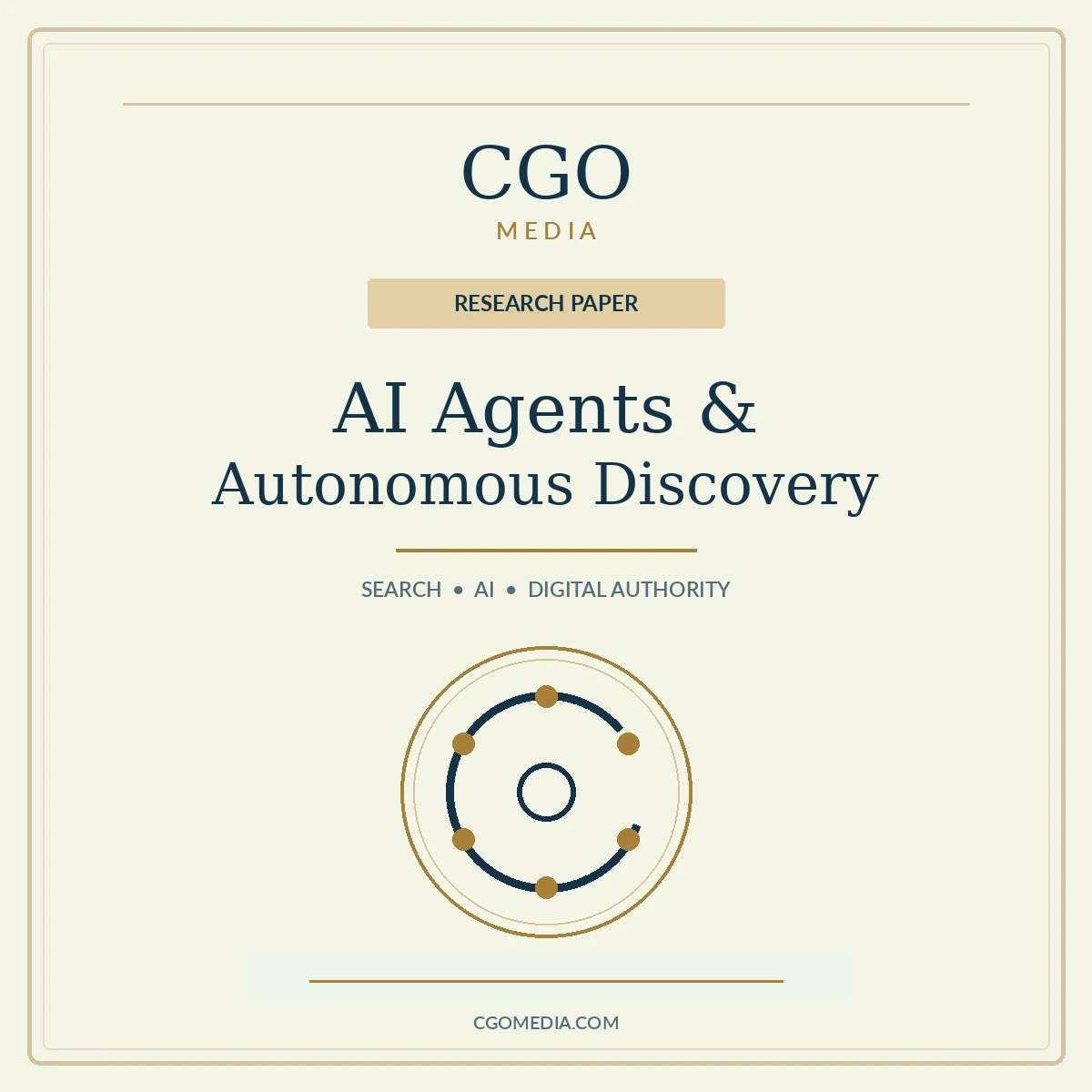 CGO Media research paper cover titled AI Agents and Autonomous Business Discovery, with elegant typography, a gold research emblem and a distinctive light-coloured background.