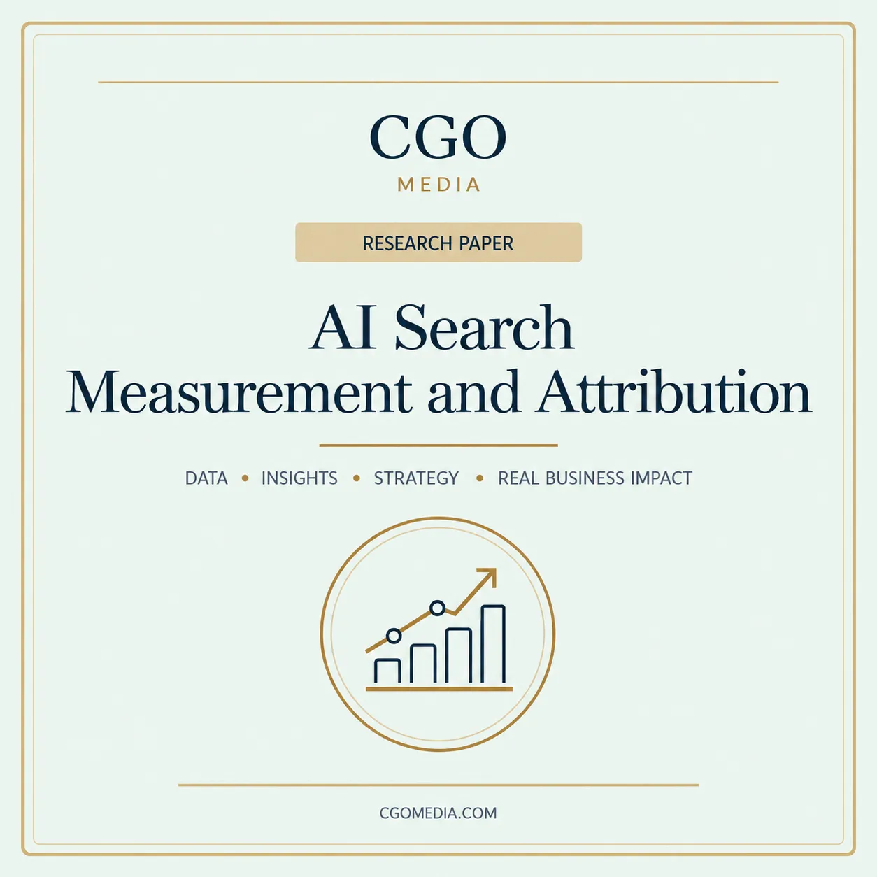 CGO Media research paper cover for AI Search Measurement and Attribution, featuring a navy and gold analytics chart on a light background.