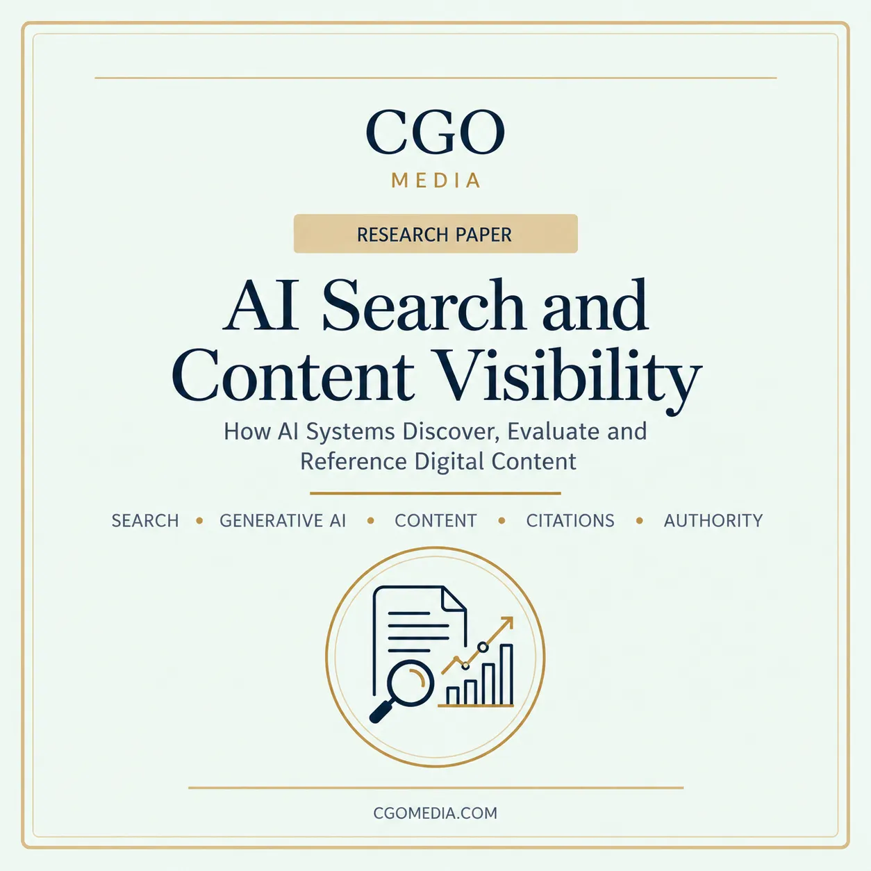 CGO Media research paper cover for AI Search and Content Visibility, featuring a navy and gold illustration of digital content discovery, search and analytics.