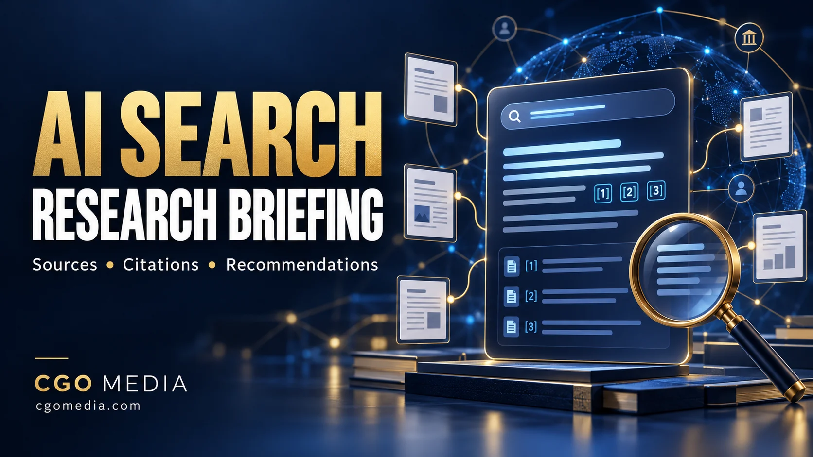 CGO Media AI search research briefing illustration showing connected sources, citations and recommendation analysis.