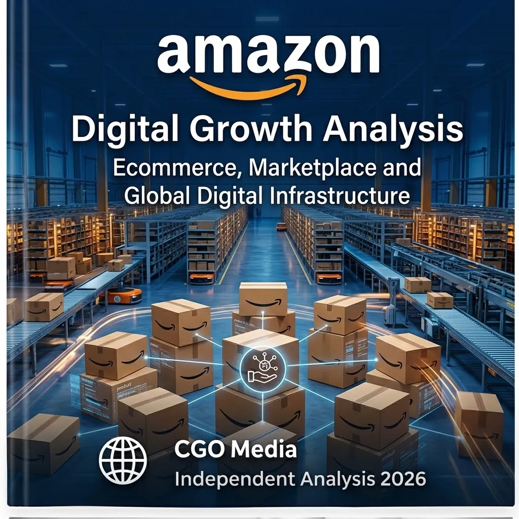 CGO Media independent Amazon digital growth analysis 2026 book cover featuring parcel boxes in a distribution environment.