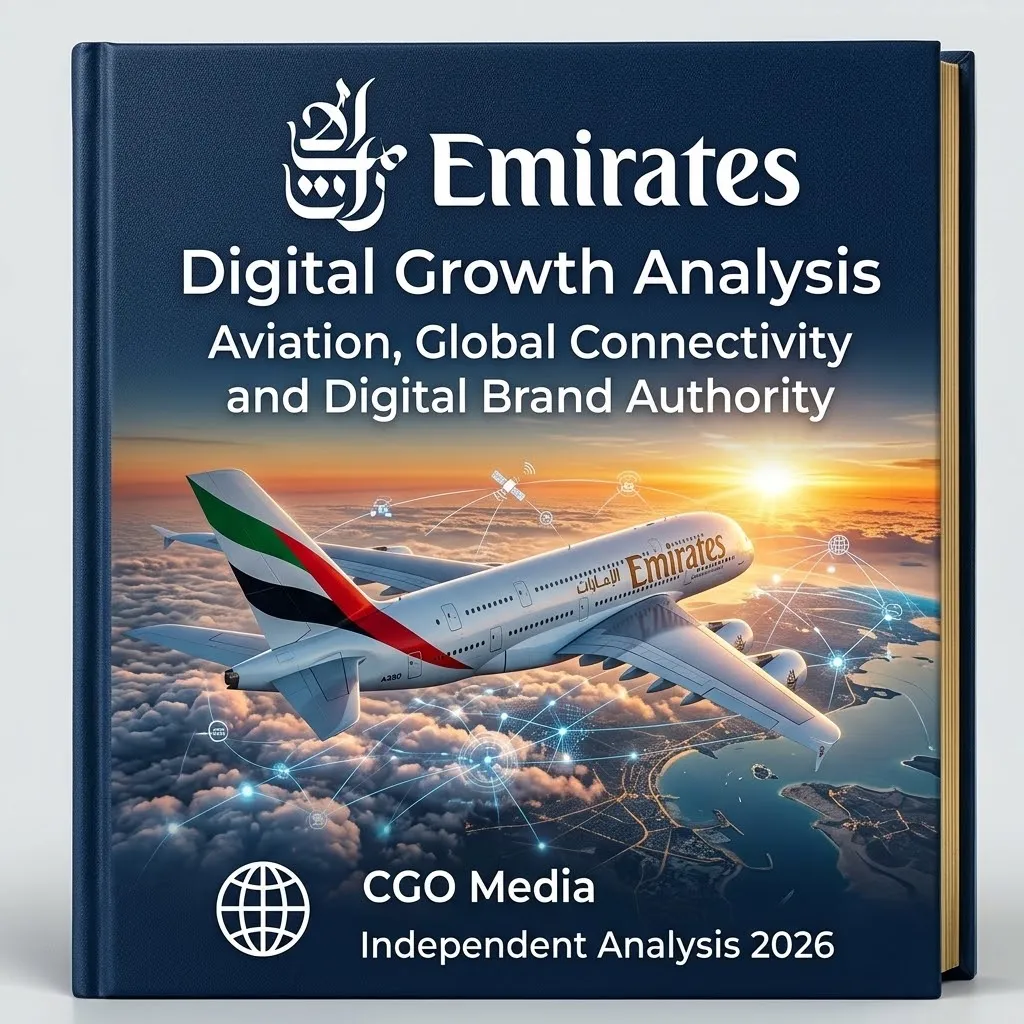 CGO Media independent Emirates digital growth analysis 2026 book cover featuring passenger aircraft in flight at sunset.