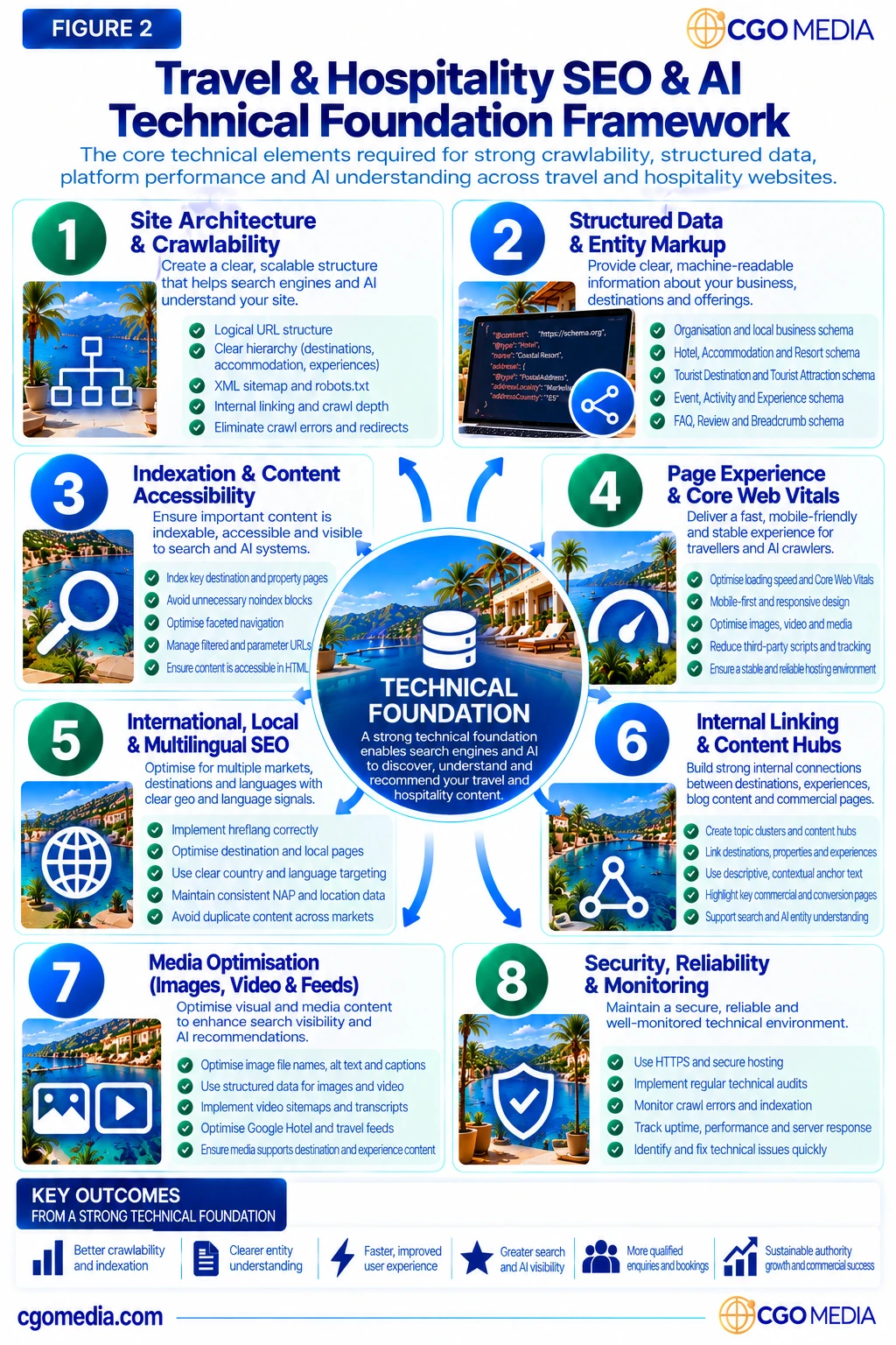 Responsive Travel & Hospitality SEO & AI Technical Foundation Framework showing eight technical foundation areas arranged around a central Technical Foundation hub.