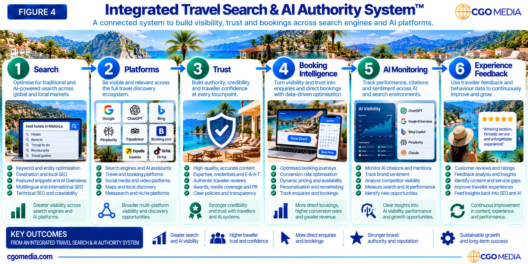 Integrated Travel Search & AI Authority System showing six connected stages: Search, Platforms, Trust, Booking Intelligence, AI Monitoring and Experience Feedback.