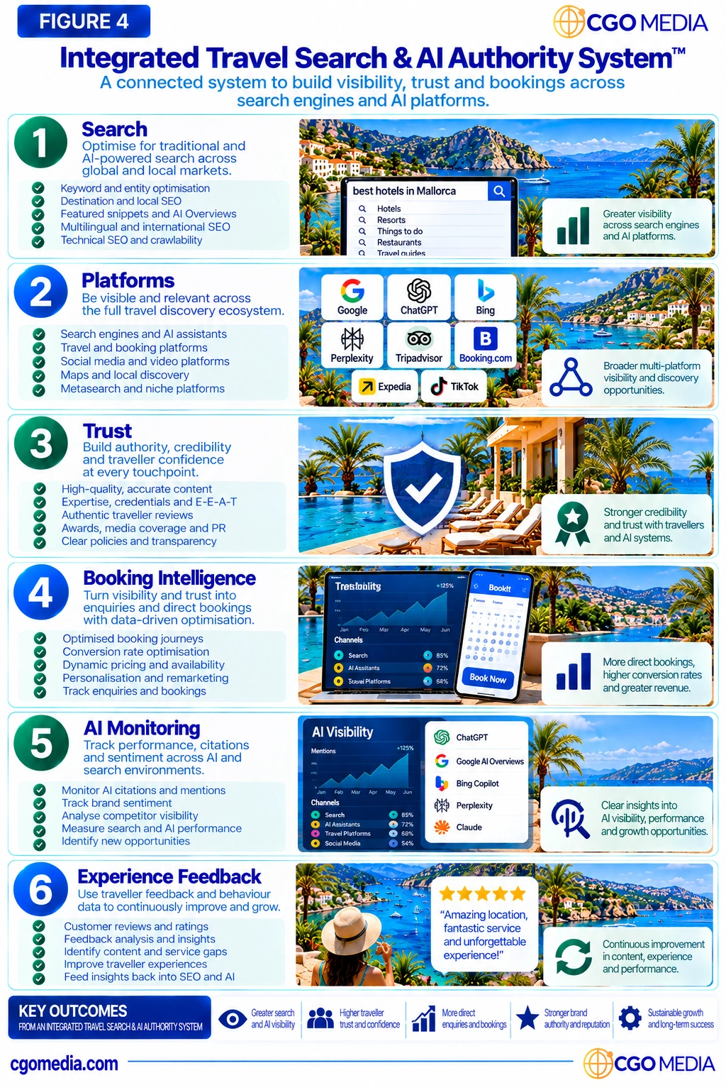 Responsive Integrated Travel Search & AI Authority System showing six stacked stages from Search through Platforms, Trust, Booking Intelligence, AI Monitoring and Experience Feedback.