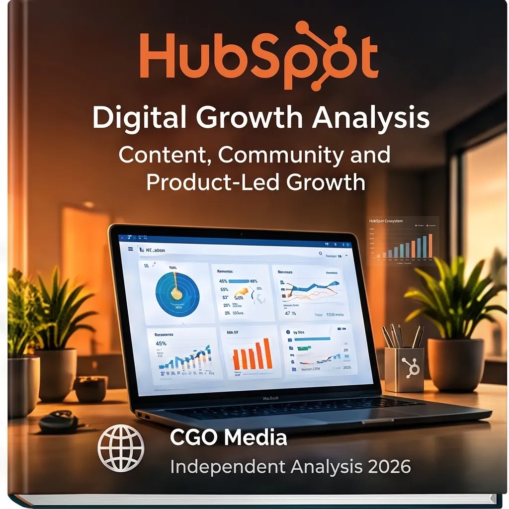CGO Media independent HubSpot digital growth analysis 2026 book cover featuring marketing dashboard on a laptop with warm orange tones.