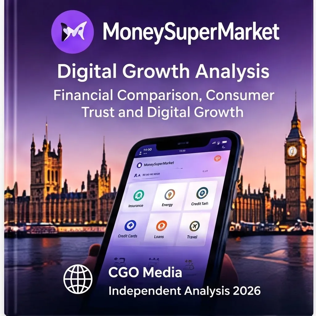 CGO Media independent MoneySuperMarket digital growth analysis 2026 book cover featuring comparison interface on a smartphone with London landmarks.