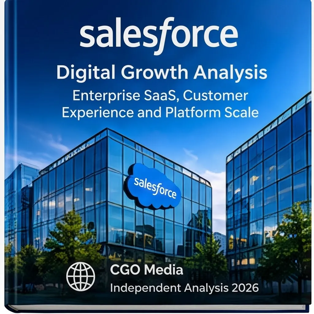 CGO Media independent Salesforce digital growth analysis 2026 book cover featuring blue cityscape and Salesforce cloud branding.