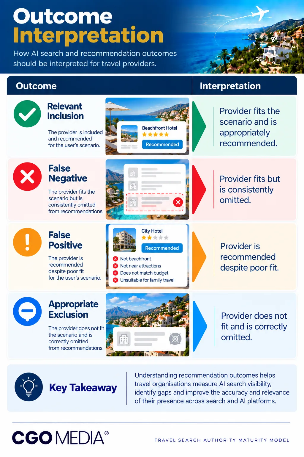 CGO Media infographic illustrating four AI travel recommendation outcomes: Relevant Inclusion, False Negative, False Positive and Appropriate Exclusion.