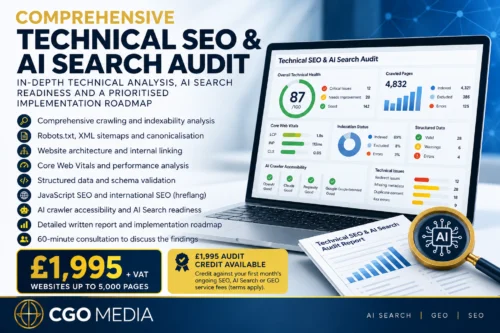 CGO Media Comprehensive Technical SEO and AI Search Audit covering crawling, indexability, Core Web Vitals, structured data and AI crawler accessibility.