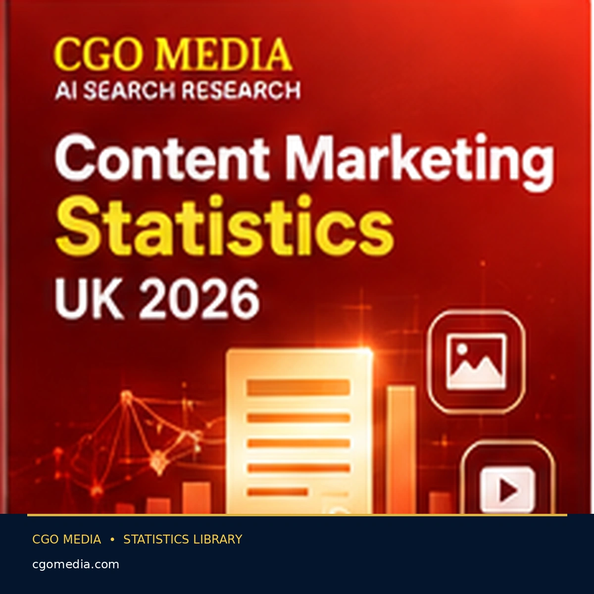 CGO Media Content Marketing Statistics UK 2026 research cover featuring a with a document and media symbols representing content publishing and performance.