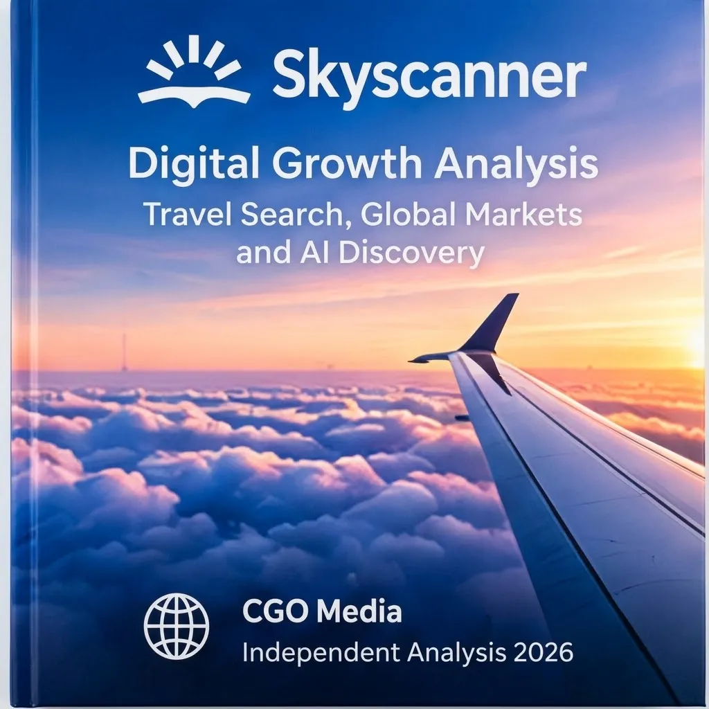 CGO Media independent Skyscanner digital growth analysis 2026 book cover featuring aircraft wing above clouds at sunset.